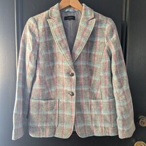 Talbots Plaid Blazer Jacket Pink Blue Gray Wool‎ Blend Women Sz 6 Office Preppy